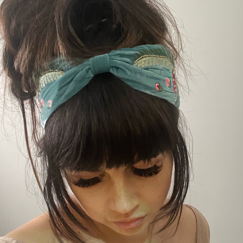 Blue embroidered floral headband